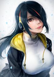  black_hair breasts bright_pupils brown_eyes closed_mouth drawstring emperor_penguin_(kemono_friends) female hair_over_one_eye headphones highres hood hood_down hooded_jacket jacket kemono_friends large_breasts leotard lips long_hair looking_at_viewer multicolored_hair red_hair smile solo streaked_hair swept_bangs takami_masahiro taut_clothes turtleneck two-tone_hair upper_body white_pupils 