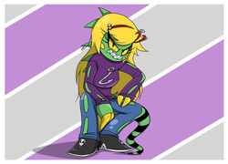  2016 3_fingers accessory angry anthro blonde_hair claws clothed clothing crouching eliza_(nelljoestar) female fingers green_body hair headband hi_res iguana iguanid lizard long_hair long_tail looking_at_viewer nelljoestar reptile scalie sharp_teeth skull_symbol solo tail teeth torn_clothing yellow_claws yellow_sclera 