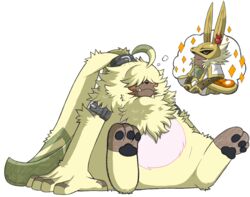  angoramon anthro bandai_namco daydream diarbbitmon digimon digimon_(species) fluffy fur hair hair_over_eyes hi_res humanoid lagomorph leporid long_ears male mammal ponytail_ears portugueselynx rabbit sitting solo yellow_body yellow_fur 