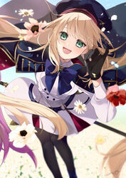  artoria_caster_(fate) artoria_caster_(second_ascension)_(fate) artoria_pendragon_(fate) black_gloves black_pantyhose blonde_hair blue_bow blue_cape blue_hat blush bow bowtie buttons cape commentary_request dress fate/grand_order fate_(series) female floating_hair flower gloves green_eyes hat long_hair long_sleeves looking_at_viewer misaki346 open_mouth pantyhose petals red_flower signature smile solo twintails white_dress white_flower 