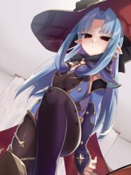  alternate_costume bad_id bad_pixiv_id black_bow black_legwear blue_capelet blue_hair blurry blurry_background bow breasts capelet closed_mouth cosplay curtains detached_sleeves feet_out_of_frame female from_below fur-trimmed_capelet fur_trim genshin_impact hairbow half_updo hat highres indoors kagetsu_tooya len_(tsukihime) leotard long_hair long_sleeves looking_at_viewer melty_blood mona_(genshin_impact) mona_(genshin_impact)_(cosplay) omiyacha parted_bangs pointy_ears red_eyes sidelocks slit_pupils small_breasts solo standing strapless strapless_leotard tsukihime twitter_username witch_hat 