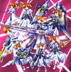  6+girls :d absurdres armor armored_dress black_gloves blue_eyes boots brown_hair closed_mouth commentary_request dress fingerless_gloves floating fortress_(nanoha) frown gauntlets gloves gun hair_ribbon highres holding holding_gun holding_staff holding_weapon juliet_sleeves long_dress long_sleeves looking_at_viewer looking_back lyrical_nanoha magical_girl mahou_shoujo_lyrical_nanoha mahou_shoujo_lyrical_nanoha_a&#039;s mahou_shoujo_lyrical_nanoha_reflection mahou_shoujo_lyrical_nanoha_the_movie_1st mahou_shoujo_lyrical_nanoha_the_movie_2nd_a&#039;s multiple_girls multiple_persona multiple_views open_mouth puffy_sleeves raising_heart raising_heart_(accel_mode)_(2nd) raising_heart_(bustercanon_mode) raising_heart_(exelion_mode)_(2nd) ribbon shield smile staff standing strike_cannon takamachi_nanoha takamachi_nanoha_(exelion_mode) takamachi_nanoha_(exelion_mode_modified) takamachi_nanoha_(formula_mode) takamachi_nanoha_(fortress_mode) takamachi_nanoha_(sacred_mode)_(2nd) twintails weapon white_dress white_footwear white_ribbon yorousa_(yoroiusagi) 