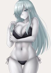  &gt;:( ass_visible_through_thighs bare_arms bare_shoulders black_bra black_panties bra breasts cleavage closed_mouth collarbone colored_skin commentary female frown grey_background grey_eyes grey_hair grey_skin hair_over_one_eye hand_up hataraku_saibou hataraku_saibou_black highres kazenokaze large_breasts lifting_own_clothes looking_at_viewer navel panties revision side-tie_panties simple_background solo strap_lift thigh_gap u-1196 underwear underwear_only v-shaped_eyebrows white_blood_cell_(hataraku_saibou) white_skin 