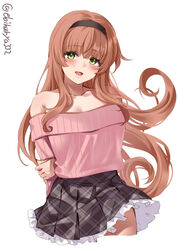  bare_shoulders black_hairband black_skirt blush brown_eyes commentary_request cowboy_shot cropped_legs ebifurya female green_eyes hairband helena_(kancolle) highres kantai_collection long_hair long_sleeves off-shoulder_sweater off_shoulder one-hour_drawing_challenge open_mouth pink_sweater simple_background skirt smile solo sweater twitter_username white_background 