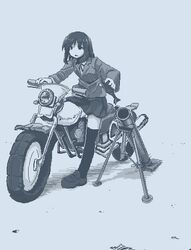  ammunition black_eyes black_hair black_thighhighs blue_theme collared_shirt expressionless female full_body hamsterfragment holding holding_shell imminent_suicide long_sleeves medium_hair monochrome mortar_(weapon) mortar_shell motor_vehicle motorcycle no_nose original outdoors parted_lips shell shirt shoes simple_background sitting skirt solo suicidal_girl_(hamsterfragment) thighhighs wheel 