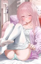  absurdres ass blush camisole closed_mouth collarbone crossed_bangs female frilled_camisole frills hair_between_eyes highres inui_sajuna long_hair long_sleeves looking_at_viewer no_shoes panties pantyhose pink_eyes pink_hair removing_legwear soles solo sono_bisque_doll_wa_koi_wo_suru tarutaru_(ryousuke) thighs underwear white_camisole 