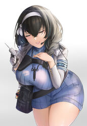  absurdres bandages blue_dress blurry blurry_background braid breasts buttons commentary dress english_commentary female fingernails fluffyebi01 gloves goddess_of_victory:_nikke hairband headset highres holding jacket large_breasts lips long_hair long_sleeves mary_(nikke) open_clothes open_jacket parted_lips short_dress simple_background single_braid single_glove smile solo 