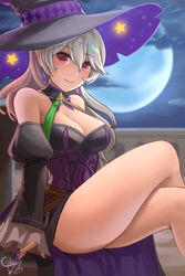  breasts brooch ciderwrath cleavage cloud corrin_(female)_(fire_emblem) corrin_(female)_(halloween)_(fire_emblem) corrin_(fire_emblem) crossed_legs detached_sleeves feet_out_of_frame female fire_emblem fire_emblem_fates fire_emblem_heroes grey_hair hat jewelry long_hair looking_at_viewer medium_breasts moon nail_polish night official_alternate_costume purple_nails sitting smile solo star_(symbol) thighs witch witch_hat 