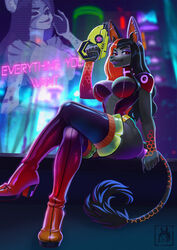  alternative_fashion anthro arm_by_side bent_arm bent_legs big_breasts boots breasts canid canine clothing crossed_legs cyberpop cyberpunk ear_piercing ear_ring facial_piercing female footwear gauged_ear gun hi_res high_heeled_boots high_heels holding_gun holding_object holding_ranged_weapon holding_weapon industrial_piercing j-fashion leg_over_thigh legwear lilunette_(demonagogue) mammal nose_piercing nose_ring persephone_(demonagogue) piercing ranged_weapon ring_piercing septum_piercing sitting solo straight_arm thigh_boots thigh_highs weapon yurai 