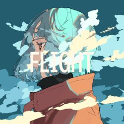  aircraft airplane blue_hair blue_sky brown_eyes closed_mouth cloud commentary english_commentary english_text female from_side highres jacket nico-tine orange_jacket original profile short_hair sky solo upper_body 