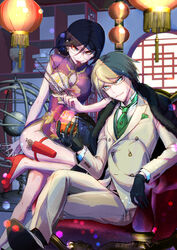  1boy absurdres alternate_hairstyle architecture bare_arms black_footwear black_gloves blonde_hair blue_eyes book breasts chair china_dress chinese_clothes cleavage_cutout clothing_cutout commentary_request cup danganronpa:_trigger_happy_havoc danganronpa_(series) dress drinking_glass east_asian_architecture eyelashes feet_out_of_frame female formal fukawa_toko full_body genocider_shou glasses gloves green_necktie hair_bun hair_up high_heels highres holding holding_cup holding_scissors indoors koutei_penko lantern large_breasts lattice lens_flare long_hair long_sleeves long_tongue looking_at_viewer necktie official_alternate_costume paper_lantern pelvic_curtain pouch purple_dress purple_hair red_eyes red_footwear scissors shaded_face shelf short_hair short_sleeves side_slit single_hair_bun smile smirk suit thigh_pouch togami_byakuya tongue tongue_out white_suit wine_glass 