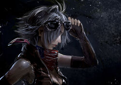  adjusting_eyewear american_beaver_(kemono_friends) american_flag american_flag_print animal_ears antenna_hair bare_shoulders beaver_ears breasts cleavage closed_mouth commentary_request elbow_gloves extra_ears eyewear_on_head female fingerless_gloves flag_print from_side gloves grey_hair hand_on_eyewear highres historical_american_flag kemono_friends lips medium_hair print_bandana profile scarf sidelocks solo sunglasses takami_masahiro upper_body vest 