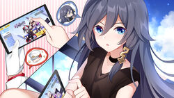  :o belt black_shirt blue_eyes blue_hair bronya_zaychik bronya_zaychik_(black_nucleus) captain_(honkai_impact) cellphone_photo chinese_clothes choker clothing_cutout cloud dragon_print female fu_hua fu_hua_(night_squire) fu_hua_(rustic_noir) gloves gou_lianlian_dogface grey_hair hair_between_eyes hair_ornament highres holding honkai_(series) honkai_impact_3rd kiana_kaslana kiana_kaslana_(herrscher_of_the_void) long_hair looking_at_viewer low-cut_armhole multiple_belts official_alternate_costume open_mouth parted_lips phone playing playing_games shirt shorts side_cutout sidelocks single_glove sky sleeveless sleeveless_shirt theresa_apocalypse theresa_apocalypse_(celestial_hymn) white_gloves white_shorts 