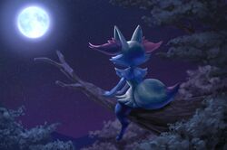  2018 ambiguous_gender angehistoire anthro braixen branch cheek_tuft detailed_background digitigrade dipstick_tail faceless_ambiguous faceless_character facial_tuft forest forest_background full_moon generation_6_pokemon high_place icon in_tree light looking_at_moon markings moon moonlight nature nature_background night nintendo nude on_branch outside plant pokemon pokemon_(species) rear_view sitting sky small_waist solo star starry_sky straddling tail tail_markings thick_thighs tree tuft wide_hips 