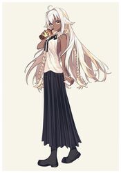  angellyuna bare_arms bare_shoulders black_footwear black_skirt boots braid brown_eyes bubble_tea cup dark-skinned_female dark_skin disposable_cup drinking drinking_straw fate/grand_order fate_(series) female full_body hair_intakes lakshmibai_(fate) long_hair pleated_skirt shirt simple_background skirt sleeveless sleeveless_shirt solo twin_braids very_long_hair white_background white_hair white_shirt wing_collar 