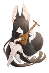  alternate_species animal_ear_fluff animal_ears biwa_lute black_hair black_kimono chibi closed_mouth covered_eyes facing_viewer female fingernails fox_ears fox_tail full_body hair_over_eyes hand_up highres instrument invisible_chair japanese_clothes kimetsu_no_yaiba kimono long_fingernails long_hair lute_(instrument) momosan0u0 music nakime_(kimetsu_no_yaiba) no_shoes plantar_flexion playing_instrument plectrum simple_background sitting smile solo straight_hair tabi tail very_long_hair white_background 