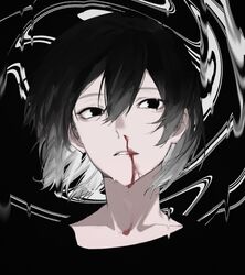  1boy abstract_background bad_id bad_twitter_id black_eyes black_hair blood blood_on_face blood_on_teeth collarbone dripping hair_between_eyes highres ktym_777 male_focus multicolored_hair nosebleed original parted_lips portrait solo teeth white_hair 