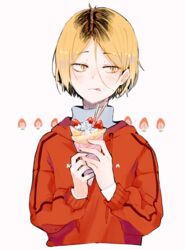  1boy :q black_hair blonde_hair blush closed_mouth collar commentary crepe food food_on_face fruit haikyuu!! hair_between_eyes holding holding_food hood hood_down hoodie kozume_kenma long_sleeves looking_away male_focus multicolored_hair parted_bangs red_hoodie shiu_(pika) short_hair simple_background solo strawberry tongue tongue_out two-tone_hair upper_body white_background yellow_eyes 