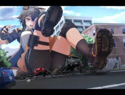  absurdres animal_ears arknights bike_shorts bike_shorts_under_skirt black_hair black_jacket brown_eyes brown_necktie car city commission destruction dog_ears dog_girl dog_tail female giant giantess grey_skirt highres jacket jackie_(arknights) knee_pads motor_vehicle natsukaze_shigure necktie one_eye_closed open_clothes open_jacket open_mouth shirt shoes short_hair shorts shorts_under_skirt skeb_commission skirt sports_car tail truck white_shirt wreckage 