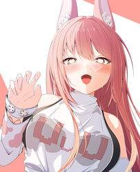  @_@ absurdres animal_ear_fluff animal_ears bare_shoulders black_sports_bra blush breasts butterfly_tattoo detached_sleeves dress female fingernails goddess_of_victory:_nikke heart heart_in_eye highres large_breasts leona_(nikke) lion_ears lion_girl long_hair long_sleeves looking_at_viewer open_mouth pink_background pink_hair print_sleeves sleeveless_turtleneck_dress smile solo sports_bra sweat symbol_in_eye tattoo teeth tongue two-tone_background upper_teeth_only white_background white_dress white_sleeves wrist_cutout wrist_tattoo yellow_eyes yuyuchi_(gyazaa) zipper zipper_pull_tab 