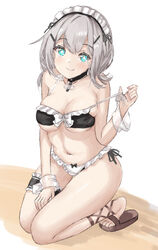  azur_lane bare_arms bare_shoulders bikini blush bow breasts brown_footwear choker cleavage closed_mouth collarbone female frilled_bikini frills full_body grey_hair hair_between_eyes hair_ornament hairclip highres kneeling large_breasts long_hair looking_at_viewer maid maid_bikini maid_headdress manchester_(a_moment_in_the_shade)_(azur_lane) manchester_(azur_lane) medium_breasts mumei_shumi navel official_alternate_costume ribbon sandals short_hair simple_background sitting smile solo stomach swimsuit thighs unconventional_maid wariza white_background wrist_cuffs 