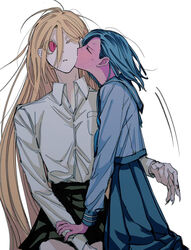  2girls black_skirt blonde_hair blush closed_eyes closed_mouth collared_shirt colored_skin commentary_request ear_blush embarrassed expressionless eyes_visible_through_hair fingernails full-face_blush green_hair green_skirt grey_shirt hair_between_eyes hand_on_another&#039;s_arm highres kissing kissing_cheek long_bangs long_fingernails long_hair long_sleeves looking_at_another medium_hair messy_hair motion_lines multiple_girls naotin3333 nervous_sweating one_eye_closed open_collar original pink_eyes pink_skin pleated_skirt profile sharp_fingernails shirt simple_background skirt sweat very_long_hair white_background white_shirt yuri 