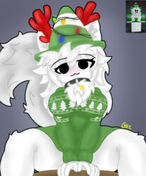  black_collar blush chez-arts christmas_lights commission fluff fluffy_tail furry green_sweater large_breasts red_antlers roblox roblox_avatar sitting thick_thighs traffic_cone white_ears white_fur white_hair 