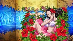  bikini black_hair blonde_hair breasts fish flower food large_breasts long_hair one_piece sanji tagme viola_(one_piece) 