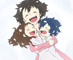  1boy 2girls affectionate aged_down ame_(ookami_kodomo) bad_id bad_pixiv_id black_hair brown_hair closed_eyes family hana_(ookami_kodomo) happy hug lolicon mother_and_daughter mother_and_son motherly multiple_girls ookami_kodomo_no_ame_to_yuki open_mouth sige_nb smile snow yuki_(ookami_kodomo) 