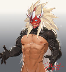  1boy abs agnimon artist_name bara bare_pectorals biceps blue_eyes blush bottomless chinese_commentary clothes_lift commentary_request crop_top dated digimon digimon_(creature) digimon_frontier gloves gradient_background grey_background groin horns jin_(sirius-j) large_pectorals long_hair male_focus manly mask mature_male muscular muscular_male naked_shirt navel nipples obliques open_mouth pectorals shirt shirt_lift signature simple_background solo teeth tight_clothes tongue underpec upper_body veins white_hair 