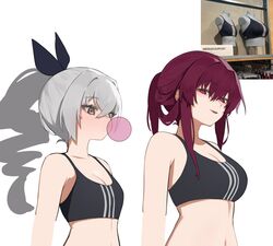  2girls black_sports_bra breast_envy breasts chewing_gum cleavage crossed_bangs flasso grey_eyes grey_hair hair_between_eyes honkai:_star_rail honkai_(series) kafka_(honkai:_star_rail) large_breasts long_hair looking_ahead looking_back medium_breasts medium_support_(meme) meme multiple_girls navel open_mouth ponytail purple_eyes purple_hair sidelocks silver_wolf_(honkai:_star_rail) simple_background small_breasts smile sports_bra striped striped_sports_bra teeth upper_body upper_teeth_only vertical-striped_sports_bra white_background 