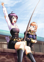  2girls annette_fantine_dominic belt blue_eyes blue_legwear blue_sky boots cloud commentary_request day feline fire_emblem fire_emblem:_three_houses fire_emblem_awakening fishing_rod garreg_mach_monastery_uniform highres knee_boots long_sleeves morgan_(female)_(fire_emblem) morgan_(fire_emblem) multiple_girls one_eye_closed open_mouth orange_hair outdoors short_hair sitting sky squatting sukkirito_(rangusan) twintails uniform yawning 