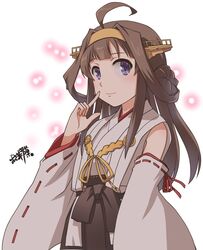  ahoge brown_hair brown_hakama brown_skirt commentary_request detached_sleeves double_bun female finger_to_face hair_bun hakama hakama_short_skirt hakama_skirt headgear highres japanese_clothes kantai_collection kongou_(kancolle) kongou_kai_ni_(kancolle) long_hair looking_at_viewer nontraditional_miko osamada_meika signature skirt smile solo wide_sleeves 