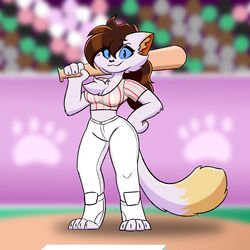  1:1 anthro baseball_bat baseball_uniform bat_(object) clothing domestic_cat felid feline felis female fluffy fluffy_tail fur hair hi_res mammal mileena_smith_(travis_the_dragon) sportswear tail travis_the_dragon uniform white_body white_fur 