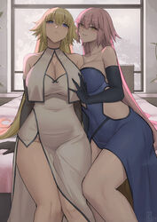  2girls absurdres backlighting bare_shoulders black_gloves blonde_hair blue_dress blue_eyes blush breast_curtains breasts cleavage dress elbow_gloves fate/apocrypha fate/grand_order fate_(series) gloves grey_hair highres jeanne_d&#039;arc_(fate) jeanne_d&#039;arc_(ruler)_(fate) jeanne_d&#039;arc_alter_(avenger)_(fate) jeanne_d&#039;arc_alter_(fate) kakeku large_breasts long_hair looking_at_viewer multiple_girls smile thighs very_long_hair white_dress yellow_eyes yuri 