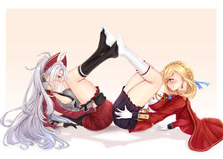  2girls absurdres aiguillette ass-to-ass azur_lane black_gloves black_skirt black_socks blonde_hair blue_ribbon blush braid breasts cape footsies french_braid from_side full_body gloves grey_hair hair_between_eyes hair_ribbon half_gloves headgear highres jacket large_breasts long_hair medium_hair miniskirt mole mole_on_breast multiple_girls pleated_skirt prince_of_wales_(azur_lane) prinz_eugen_(azur_lane) red_cape red_eyes red_jacket red_skirt ribbon shadow sideboob siki2046 simple_background skirt socks white_gloves white_socks yuri 