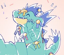  ambiguous_gender anonymous_artist anthro closed_eyes confetti dakota_(dakotaisagator) feraligatr generation_2_pokemon hi_res nintendo open_mouth pokemon pokemon_(species) ribbons shiny_pokemon simple_background solo touching_face white_background 