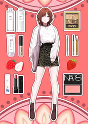  alternate_costume animal_print bag bare_legs brown_hair cleavage_cutout clothing_cutout commentary_request cosmetics female food frown fruit full_body hair_ornament hairpin high-waist_skirt highres higuchi_madoka idolmaster idolmaster_shiny_colors leopard_print long_sleeves looking_at_viewer maou_(demonlord) nail_polish outline red_background shirt shoes short_hair skirt sleeves_past_wrists solo strawberry tote_bag wavy_hair white_shirt 