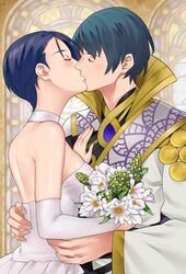  1boy alternate_costume bare_shoulders blue_hair blush bouquet byleth_(fire_emblem) byleth_(male)_(fire_emblem) closed_eyes commentary commission couple detached_collar dress elbow_gloves english_commentary female fingernails fire_emblem fire_emblem:_three_houses flower gloves gold_trim hand_on_another&#039;s_hip high_collar highres holding holding_bouquet hug igni_tion indoors kissing official_alternate_costume purple_hair robe shamir_nevrand short_hair straight strapless strapless_dress wedding wedding_dress white_dress white_flower white_gloves white_robe wide_sleeves 