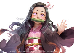  2019 artist_name artstation_username asa_no_ha_(pattern) bamboo bit_gag black_hair black_jacket blush checkered_sash commentary dated female fingernails forehead gag gagged gradient_hair haori highres jacket japanese_clothes kamado_nezuko kimetsu_no_yaiba kimono long_fingernails long_hair mouth_hold multicolored_hair pink_eyes pink_kimono pink_ribbon ribbon solo st._cygnus white_background 