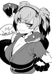  :3 breasts cleavage closed_mouth collarbone dated eyelashes female greyscale happa_(cloverppd) japanese_clothes kemono_friends kimono large_breasts looking_at_viewer monochrome short_hair short_twintails slit_pupils smirk smug snake solo torn_clothes torn_kimono twintails upper_body yamata_no_orochi_(kemono_friends) 