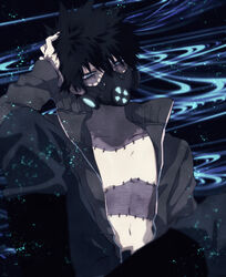  1boy alternate_costume anoko_(darenokoanoko) black_background black_hair black_jacket blue_background boku_no_hero_academia burn_scar collarbone dabi_(boku_no_hero_academia) grey_eyes hand_in_own_hair highres jacket knee_up long_sleeves looking_at_viewer male_focus mask multicolored_background navel open_clothes open_jacket respirator scar short_hair sitting solo spiked_hair stitches 