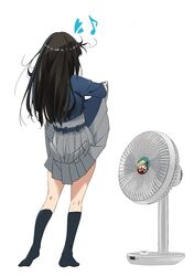  absurdres belt black_hair black_socks blue_belt blue_dress clothes_lift dress dress_lift duplicate eighth_note electric_fan facing_away fanning_crotch fanning_self female from_behind grey_dress heart highres inoue_takina kneehighs lifting_own_clothes long_hair lycoris_recoil lycoris_uniform misskiwi musical_note nishikigi_chisato no_shoes pleated_dress simple_background socks solo two-tone_dress white_background 