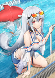  arknights bare_shoulders black_choker blush breasts choker cleavage commentary eyewear_on_head female grey_hair hair_between_eyes highres inflatable_orca inflatable_toy large_breasts long_hair low-tied_long_hair no_headwear off-shoulder_shirt off_shoulder official_alternate_costume orca_hair_ornament pool red_eyes ri_qing shirt short_sleeves sidelocks skadi_(arknights) skadi_(waverider)_(arknights) solo sunglasses thigh_strap thighs very_long_hair water white_shirt 