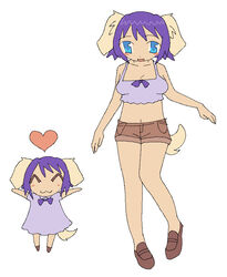  animal_humanoid bangs bird_dog blue_eyes blush bottomwear breasts canid canid_humanoid canine canine_humanoid canis cleavage clothed clothing cocker_spaniel coolandbad2 crop_top dog_humanoid dolce-chan domestic_dog dress female floppy_ears footwear fully_clothed hair heart hotpants humanoid hunting_dog mammal mammal_humanoid midriff navel not_furry nyan_neko_sugar_girls purple_hair shirt shoes shorts smile solo spaniel tail tan_body tan_skin topwear 