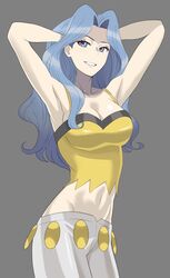  armpits arms_up bare_arms bare_shoulders blue_eyes blue_hair breasts camisole capri_pants cleavage collarbone commentary_request cowboy_shot crop_top female grey_background grin groin hands_in_hair karen_(pokemon) light_blue_hair long_hair looking_at_viewer medium_breasts midriff navel pants parted_bangs pokemon pokemon_hgss rex_(rein_xeed) simple_background smile solo spaghetti_strap standing teeth wavy_hair white_pants yellow_camisole 