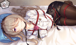  2girls black_legwear bondage bondage bondage bound breasts brown_hair chinese_commentary collarbone commentary_request crotch_rope eyes_visible_through_hair flower frilled_shirt frills hair_over_one_eye highres honkai_(series) honkai_impact_3rd large_breasts leash long_hair looking_at_viewer lying mole mole_under_eye multiple_girls official_alternate_costume on_side pantyhose red_eyes red_flower red_rope red_rose restrained rita_rossweisse rita_rossweisse_(fallen_rosemary) rope rose shirt theresa_apocalypse thighs yiduan_zhu zhuge_kongming_(honkai_impact) 