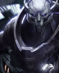  alien armor assault_rifle bioware blue_eyes cybernetic_eye cybernetic_face cybernetics electronic_arts glowing glowing_armor glowing_eyes gun hi_res hood looking_at_viewer machine male mass_effect ranged_weapon rifle saren_arterius solo standing turian weapon zombie_makyr 