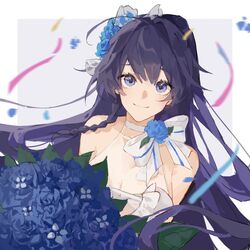  blue_flower blue_rose border bouquet bridal_veil closed_mouth confetti dress female flower grey_background happy_birthday highres holding holding_bouquet honkai_(series) honkai_impact_3rd long_hair looking_at_viewer looking_back petals ponytail purple_eyes purple_hair raiden_mei raiden_mei_(valkyrie_bladestrike) remy5621 rose simple_background sleeveless sleeveless_dress smile solo veil wedding_dress white_border white_dress 