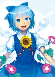  :d artist_name blue_bow blue_dress blue_eyes blue_hair bow cirno commentary_request dress female flower hairbow highres ice ice_wings kageharu looking_at_viewer morning_glory open_mouth pink_flower plant puffy_short_sleeves puffy_sleeves revision short_hair short_sleeves smile solo sunflower tan tanned_cirno touhou vines wings yellow_flower 